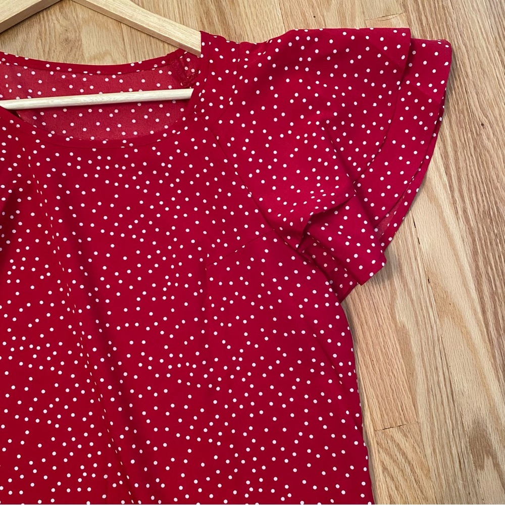 White and Red Polkadot Blouse Flowy Ruffle Large